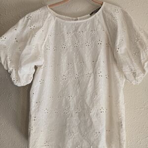 Anthropologie, Blue Tassel Brand White Eyelet Puff Sleeve Blouse